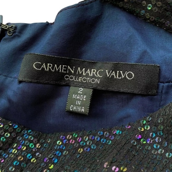 Carmen Marc Valvo Collection Floral Sequined Cocktail Dress Blue Black Size 2 - Picture 4 of 5